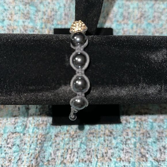 Beaded Black Steel Champagne Cz Center Jewels Braided Jute Bracelet - Picture 3 of 5